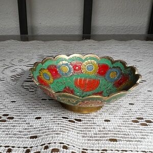 Vintage Brass Etched Jerusalem Holiday Enamel Footed Dish Scalloped Collectible